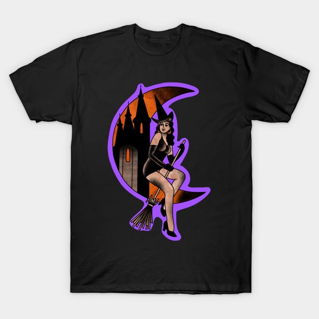 Traditional tattoo style Halloween witch pinup T-Shirt by LEEX337
